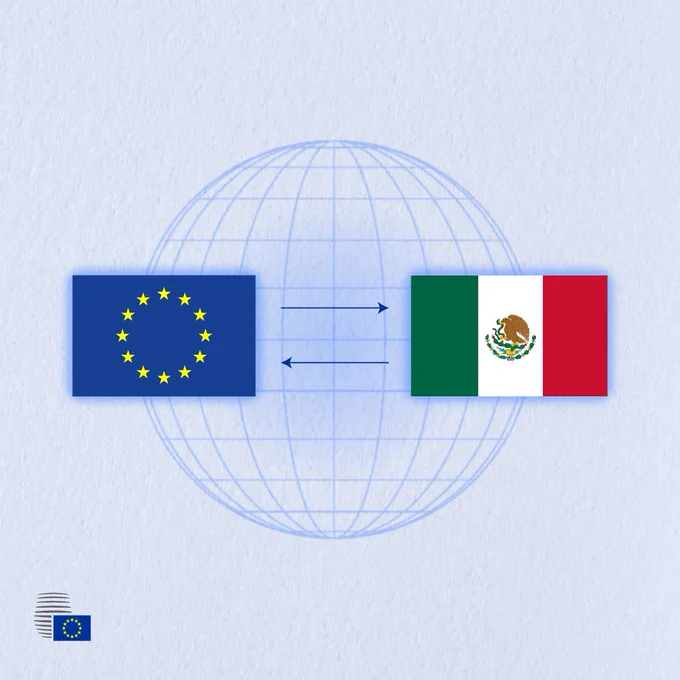 Illustration of flags of the European Union and Mexico with two arrows pointing in opposite directions between them.