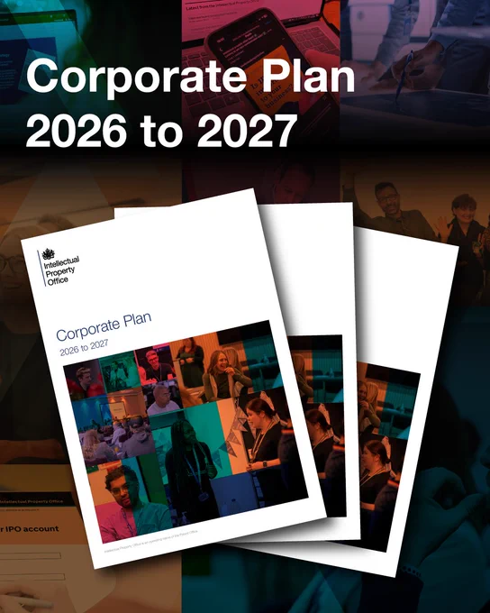 Cover of the Intellectual Property Office Corporate Plan for 2026 to 2027 featuring a collage of diverse professionals in various work settings.