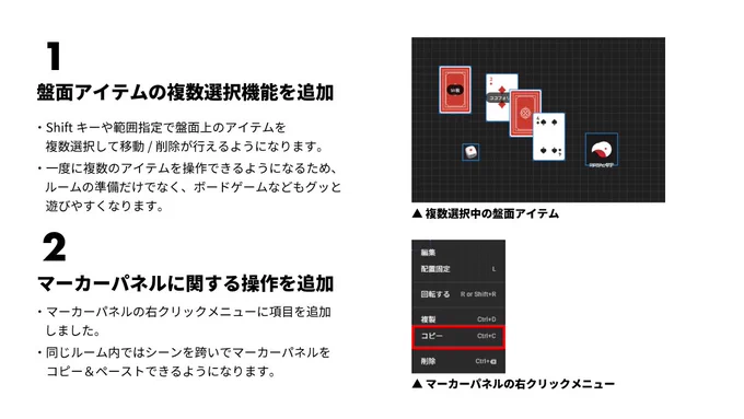 CCFOLIA v1.35.0 アップデートのお知らせ 画像2枚目

1. 盤面アイテムの複数選択機能を追加
・Shiftキーや範囲指定で盤面上のアイテムを複数選択して移動/削除が行えるようになります。
・一度に複数のアイテムを操作できるようになるため、ルームの準備だけでなく、ボードゲームなどもグッと遊びやすくなります。

2. マーカーパネルに関する操作を追加
・マーカーパネルの右クリックメニューに項目を追加しました。
・同じルーム内ではシーンを跨いでマーカーパネルをコピー＆ペーストできるようになります。