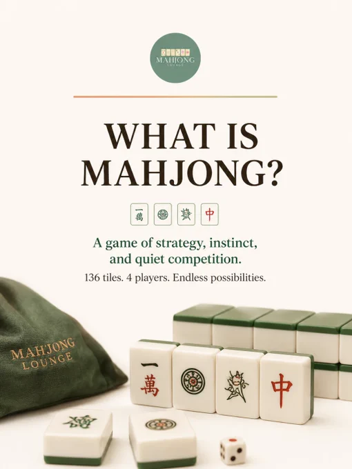 A luxury editorial-style Mahjong Lounge carousel featuring elegant Mahjong tiles arranged against a soft ivory and warm cream background with deep forest green typography. The visuals include the phrases “What is Mahjong?”, “Not Just A Game,” and “More Than Tiles,” highlighting Mahjong as a game of strategy, instinct, memory, and quiet competition. Mahjong tiles with intricate traditional symbols are displayed alongside a velvet Mahjong Lounge pouch and stacked tile walls, creating a calm and sophisticated atmosphere. Minimalist design elements, soft natural shadows, and muted green accents give the carousel a refined and modern aesthetic inspired by private social clubs and slow living spaces. The images promote Mahjong Lounge in Koramangala, Bangalore as a welcoming community for beginners and experienced players looking for meaningful offline experiences, social connection, game nights, and Mahjong learning sessions in a cozy café environment.