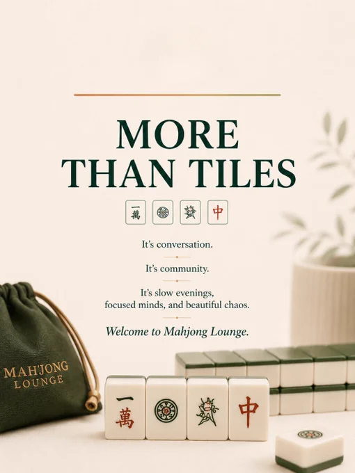 A luxury editorial-style Mahjong Lounge carousel featuring elegant Mahjong tiles arranged against a soft ivory and warm cream background with deep forest green typography. The visuals include the phrases “What is Mahjong?”, “Not Just A Game,” and “More Than Tiles,” highlighting Mahjong as a game of strategy, instinct, memory, and quiet competition. Mahjong tiles with intricate traditional symbols are displayed alongside a velvet Mahjong Lounge pouch and stacked tile walls, creating a calm and sophisticated atmosphere. Minimalist design elements, soft natural shadows, and muted green accents give the carousel a refined and modern aesthetic inspired by private social clubs and slow living spaces. The images promote Mahjong Lounge in Koramangala, Bangalore as a welcoming community for beginners and experienced players looking for meaningful offline experiences, social connection, game nights, and Mahjong learning sessions in a cozy café environment.