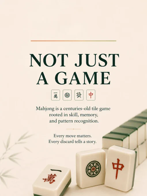 A luxury editorial-style Mahjong Lounge carousel featuring elegant Mahjong tiles arranged against a soft ivory and warm cream background with deep forest green typography. The visuals include the phrases “What is Mahjong?”, “Not Just A Game,” and “More Than Tiles,” highlighting Mahjong as a game of strategy, instinct, memory, and quiet competition. Mahjong tiles with intricate traditional symbols are displayed alongside a velvet Mahjong Lounge pouch and stacked tile walls, creating a calm and sophisticated atmosphere. Minimalist design elements, soft natural shadows, and muted green accents give the carousel a refined and modern aesthetic inspired by private social clubs and slow living spaces. The images promote Mahjong Lounge in Koramangala, Bangalore as a welcoming community for beginners and experienced players looking for meaningful offline experiences, social connection, game nights, and Mahjong learning sessions in a cozy café environment.