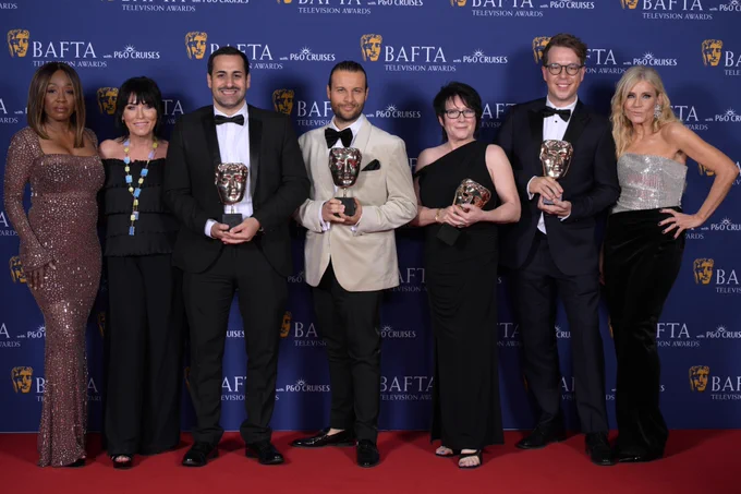 Diane Parish, Jessie Wallace, Kyri Zindilis, Chris Clenshaw, Dee Hellier, Ben Wadey and Michelle Collins with the Soap Award for EastEnders during the 2026 BAFTA Television Awards with P&O Cruises at The Royal Festival Hall