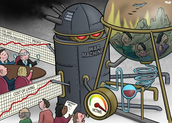 Cartoon showing a large machine with red glowing eyes labeled 'War machine'. On one side, we see a war-torn landscape inside a glass bowl, with people pushing against the glass trying to get out. A gauge labeled 'victims' is in the red. The glass bowl is connected to the machine via a complex set of glass pipes, channeling a red fluid. On the other side of the machine, the red fluid is used an ink to draw rising graphs on rolls of paper that come out of the machine. One roll of paper is labeled 'cost of living'; people are worriedly studying this graph. The other roll of paper is labeled 'Oil and weapon industry - profit'. People in suits are sitting at a table drinking champagne and smiling while looking at this graph.