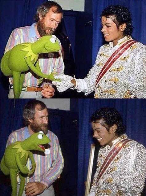 Two photos of Jim Henson with Kermit on his arm and Michael Jackson. The top photo is Kermit and Michael shaking hands, and the bottom pic shows them all smiling and laughing together.