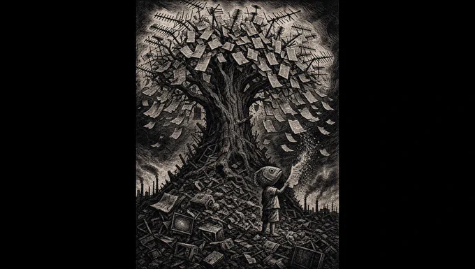 A black and white woodcut-style artwork features a large, gnarled tree growing out of a massive pile of electronic waste, including old television sets and monitors. Instead of leaves, the tree branches are covered in numerous television antennas and hanging sheets of paper filled with text. A small figure with the body of a child and the large head of a fish stands at the base of the mound, holding a single piece of paper that appears to be dissolving or glowing into white sparks. In the background, a dark industrial skyline with smoking factory chimneys sits under a turbulent, expressive sky. The overall tone is surreal and dystopian, suggesting themes of information overload, environmental decay, and the impact of mass media.