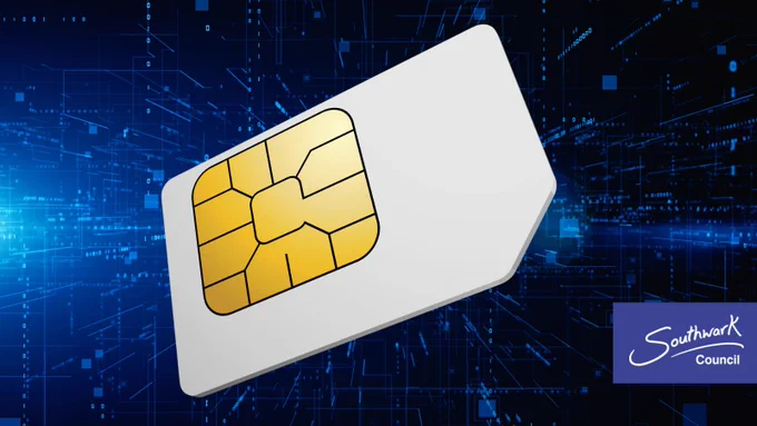 A white SIM card with a gold chip on a digital blue background. Southwark Council logo in the corner.
