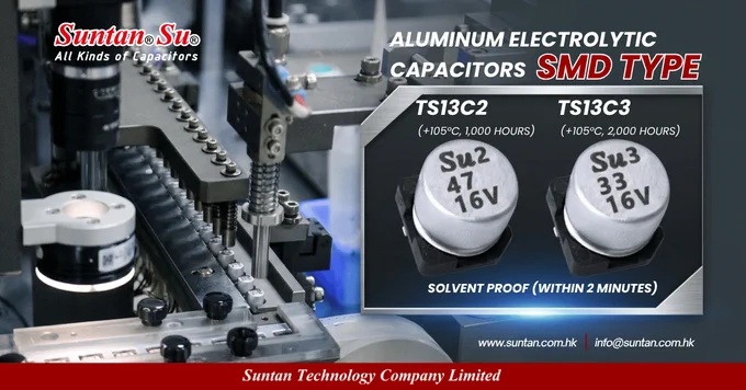 
Promotion banner for Suntan TS13C2 and TS13C3 SMD Aluminum Electrolytic Capacitors featuring industrial automation and technical specifications.