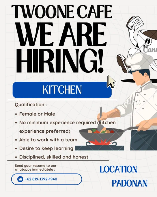 Lowongan Kerja Sebagai Kitchen Staff untuk TWOONE Cafe Penempatan di Badung
