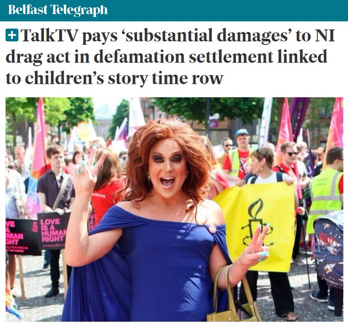 Screenshot from Belfast Telegraph: "TalkTV pays ‘substantial damages’ to NI drag act in defamation settlement linked to children’s story time row"
