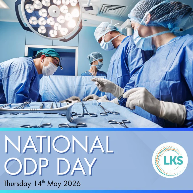 Main image is a operating theatre showing the surgeons, anaesthetists and operating theatre practitioner (ODP). At the bottom on the left is the text National ODP Day Thursday 14th May 2026 and on the right is the library logo.