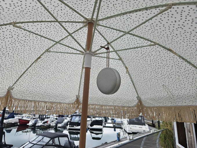 Shell Bay Co beach umbrellas with the Beosound A1 3rd Gen bluetooth speaker, what a stunning match up. Perfect beach duo.