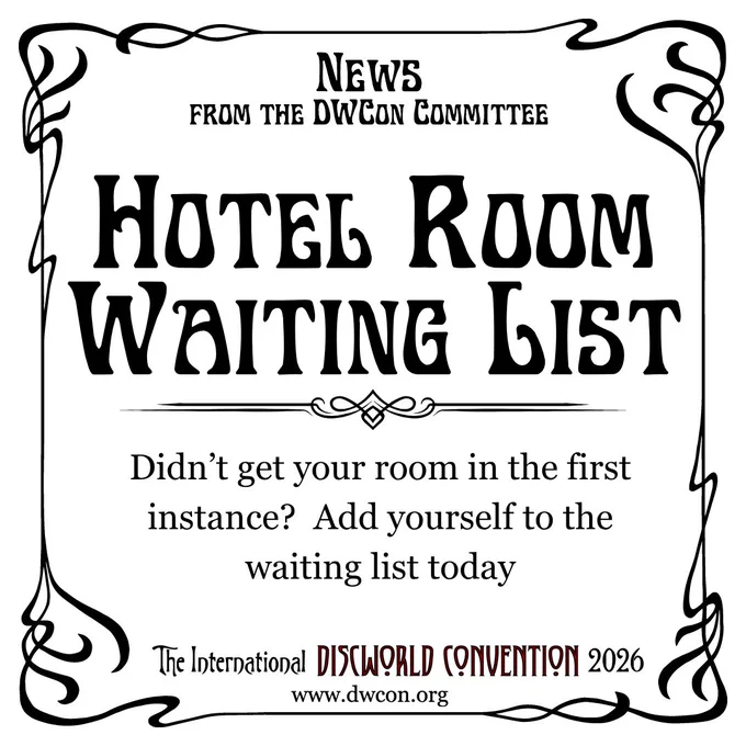 White square background with black art nouveau border and text reading "Hotel Room Waiting List"  Below it in Georgia font: "Didn't get your room in the first instance?  Add yourself to the waiting list today"