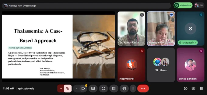 Dr. Abinaya, Assoc. Prof. & Head, Department of Medical Science, NIEPMD (D), Chennai, discussed on rehabilitative aspects of thalassemia, multidisciplinary management and comprehensive care approaches in awareness session on the occasion of 'World Thalassemia Day' on 8th May 2026.
