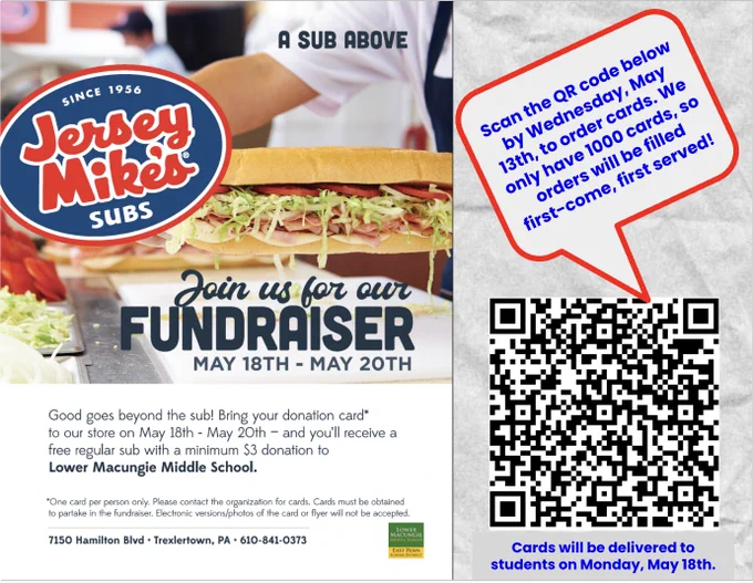 Jersey Mike's sub fundraiser. Get a free regular sub with a $3 donation.
LMMS's favorite Zing Team/Hive Club fundraiser is back for the spring! The funds raised through this event are used to purchase items for the school store that the students can "buy" with their digital money, Zings. It is also used to supply items for our school-wide events like buying donuts and renting a dunk tank for our spring Dunk-n-Donuts event in a few weeks.
Dates run May 18th-20th. Please use the QR code on the flyer to complete the form to "order" fundraiser cards that will be delivered to your student on Monday, May 18th. Thank you in advance for your support!