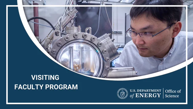 A man looking at a piece of equipment that has a metal ring around a clear lens, with metal cylinders coming out of it; Text: Visiting Faculty Program