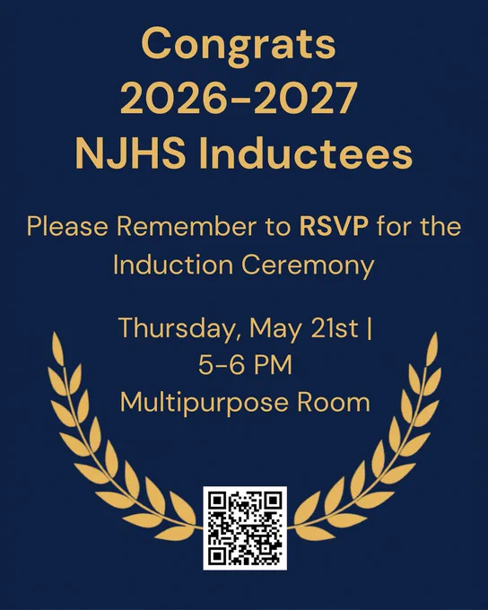 Announcement congratulating the 2026-2027 NJHS Inductees and reminding them to RSVP for the induction ceremony.
