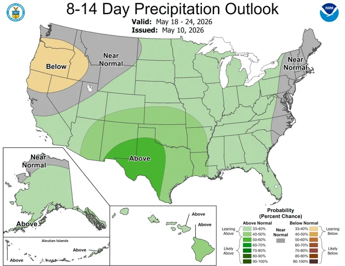 United States map highlighted mostly pale green to demonstrate a probability of above normal precipitation for May 18-24.