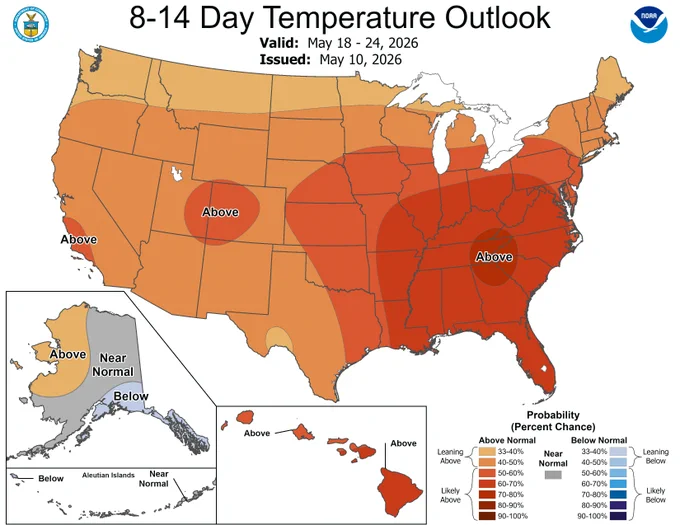 United States map highlighted orange to demonstrate an increased probability of above normal temperatures for May 18-24.