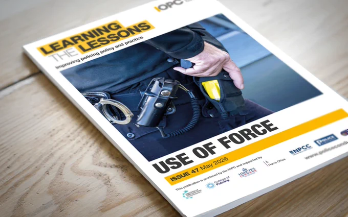 A physical copy of IOPC's Learning the Lessons issue 47 magazine on 'Use of force' - May 2026, placed on a wooden table.