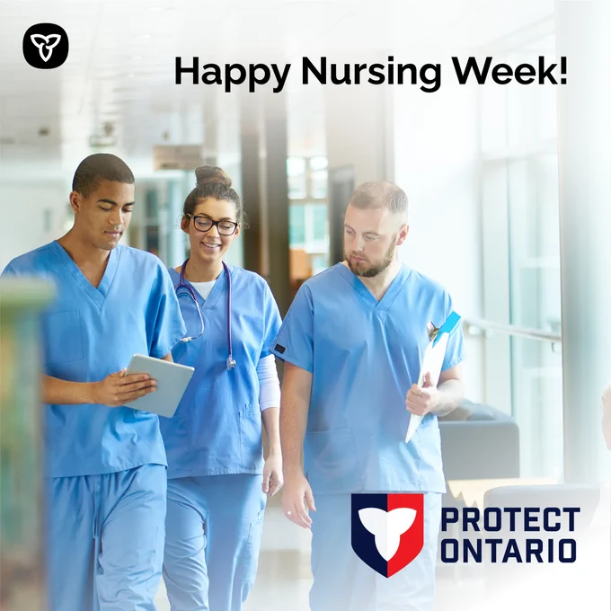Three nurses working together. Image Text: Happy Nursing Week.
