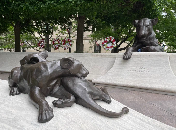 A bronze statue of a mother lion resting on a low stone wall looking at another statue of two lion cubs in an outdoor memorial.