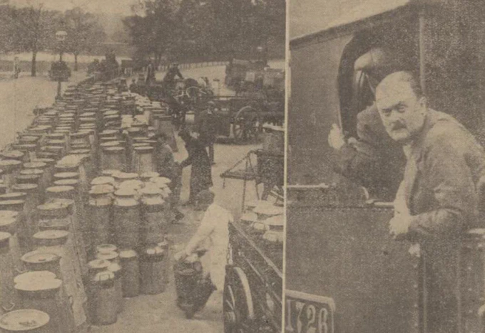 Sepia toned photographs from the Daily Mirror, 8 May 1926, showing left the milk depot in Hyde Park, and right, the Hon. C.R. Anson volunteering as an engine driver.