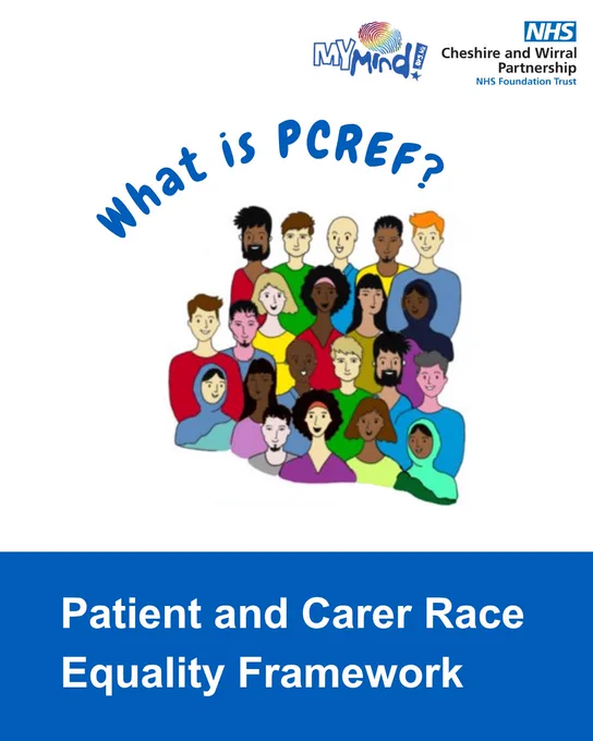 A graphic of 21 cartoon people grouped together, with text that says “What is PCREF? Patient and Carer Race Equality Framework.” Above it is the MyMind and Cheshire and Wirral Partnership NHS logo. 