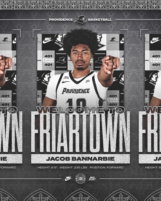 Jacob Bannarbie Welcome to Friartown height six feet nine inches, weight two hundred thirty five pounds, position forward