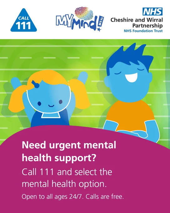 A graphic of two cartoon young people. The text says "Call 111. Need urgent mental health support? Call 111 and select the mental health option. Open to all ages 24/7. Calls are free."