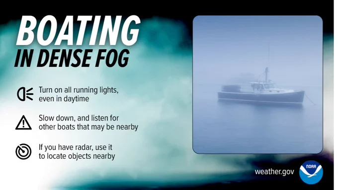 Boating in dense fog:
Turn on all running lights, even in daytime.
Slow down, and list for other boats that may be nearby.
If you have radar, use it to locate objects nearby. 
