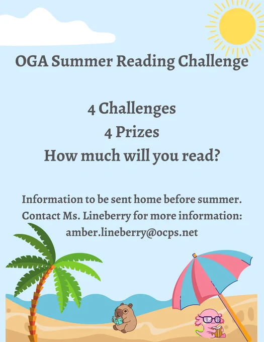 Poster for OGA Summer Reading Challenge with text '4 Challenges, 4 Prizes, How much will you read?'