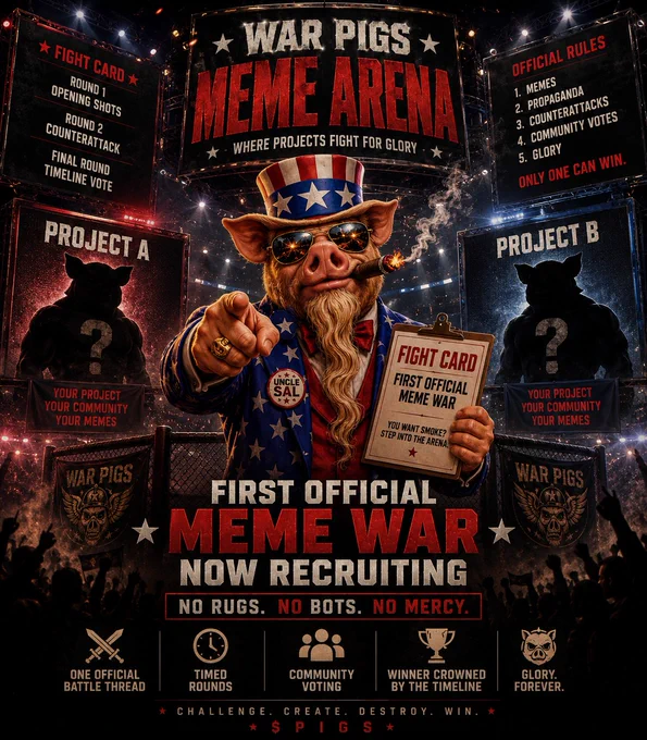 Cinematic War Pigs Meme Arena poster featuring Uncle Sal standing inside a massive octagon-style battle arena pointing toward the viewer while holding a “Fight Card” clipboard. Giant arena screens display “War Pigs Meme Arena” along with official rules and timed battle rounds. Two dark silhouetted opponent slots labeled “Project A” and “Project B” stand on each side waiting for challengers. The poster promotes the “First Official Meme War Now Recruiting” with slogans including “No Rugs. No Bots. No Mercy.” and highlights one official battle thread, timed rounds, community voting, and winner crowned by the timeline. Red, black, blue, and metallic lighting create a dramatic, high-energy crypto meme warfare atmosphere with $PIGS branding at the bottom.