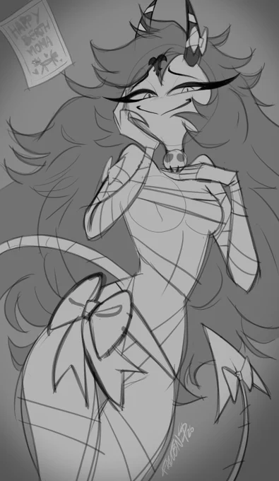 Sketch of Tilla (Blitz/Barbie's Mom) in a stylized ribbon outfit recalling the style of the 2025 Valentine Poster. 

