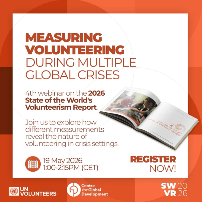 A promotional graphic for the fourth webinar in the 2026 State of the World’s Volunteerism Report series. The graphic has an orange and white design with bold text reading “Measuring Volunteering During Multiple Global Crises.” Additional text invites participants to explore how different measurement approaches reveal the nature of volunteering in crisis settings. An open book mock-up of the SWVR report appears on the right side. The date and time are listed as 19 May 2026, 1:00–2:15 PM CET, alongside a “Register Now!” call to action. Logos for UN Volunteers, the Centre for Global Development, and SWVR 2026 appear along the bottom.