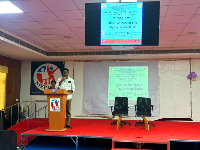 Dr. B.S. Santhosh Kanna, HoD, Dept. of Therapeutics, NIEPMD (D), inaugurated the 'Hands on Workshop on Aquatic Rehabilitation' for Physiotherapy and Occupational therapy students on 7th May 2026 at NIEPMD (D).
