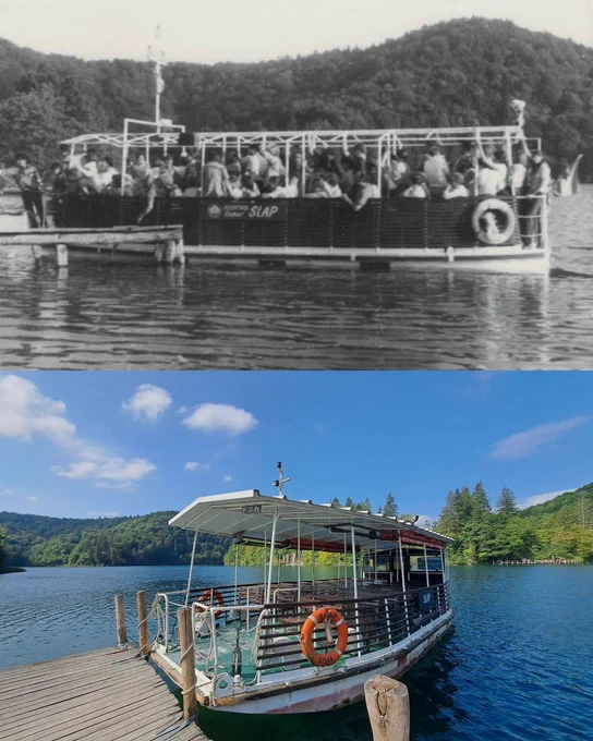 A collage showing how the electric boat “Slap” looked in the past (photo by Ivan Lay) and how it looks today.