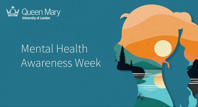 Mental Health Awareness Week with double exposure illustration with calm sunset and lake