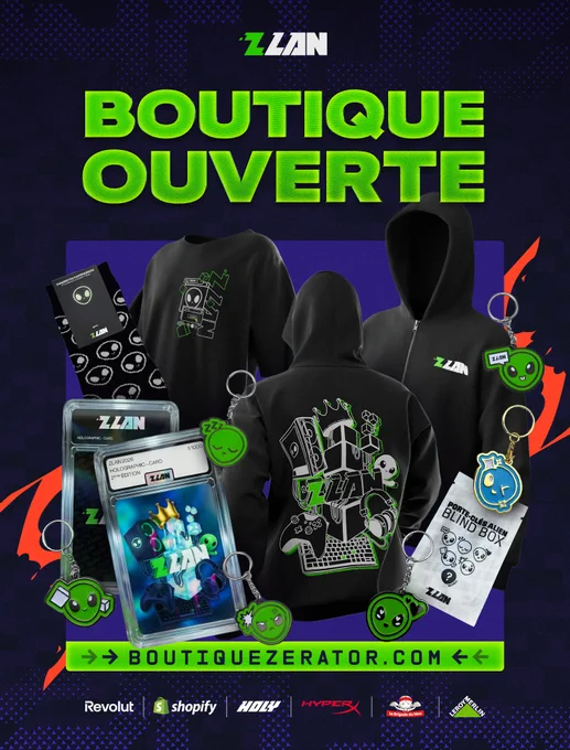 La boutique de la ZLAN 2026 est ouverte. Le merch de cette édition comporte des pièces de textile, notamment des chaussettes exclusives, ainsi qu'une carte holographique collector & des porte-clés. Rendez-vous sur boutiquezerator.com pour passer commande.