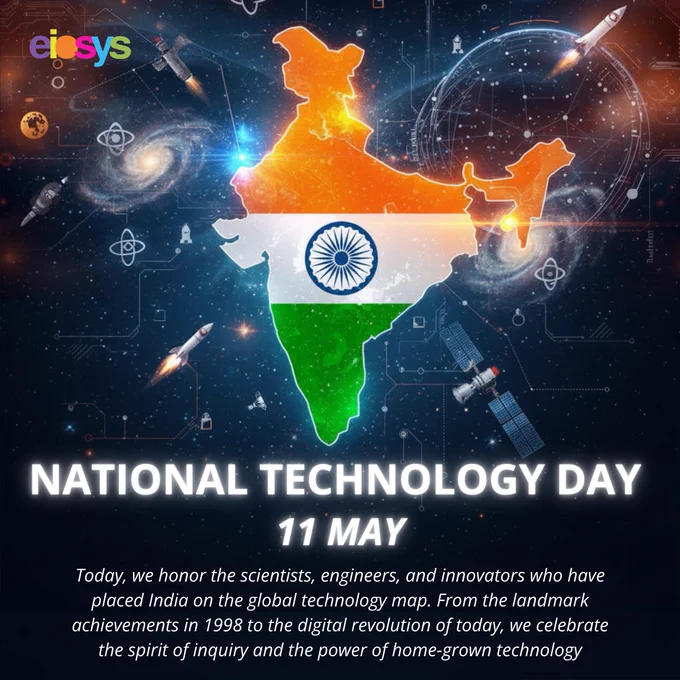 A tricolor Indian map graphic with rocket and satellite silhouettes, celebrating National Technology Day.