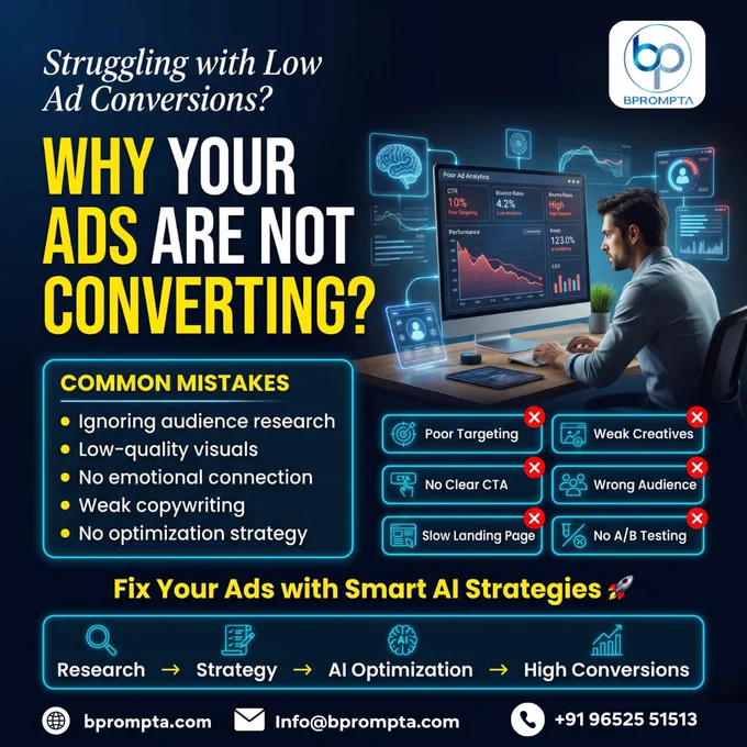 Stop Wasting Money on Ads That Don’t Convert 🚀
Struggling with low ad performance and poor conversions?
Your ads may be missing the right strategy, audience targeting, creative quality, or optimization process.

At BPrompta, we help businesses turn underperforming ads into high-converting campaigns using smart AI-powered marketing strategies. From audience research to AI optimization, we build campaigns that deliver real results.

✅ Better Targeting
✅ Strong Creative Strategy
✅ High-Converting Copy
✅ AI Optimization
✅ Improved ROI

📩 Let’s grow your brand with smarter advertising.

#DigitalMarketing #AIAdvertising #MetaAds #GoogleAds #SocialMediaMarketing #MarketingStrategy #LeadGeneration #BusinessGrowth #AdCampaign #ConversionOptimization #AIMarketing #BrandPromotion