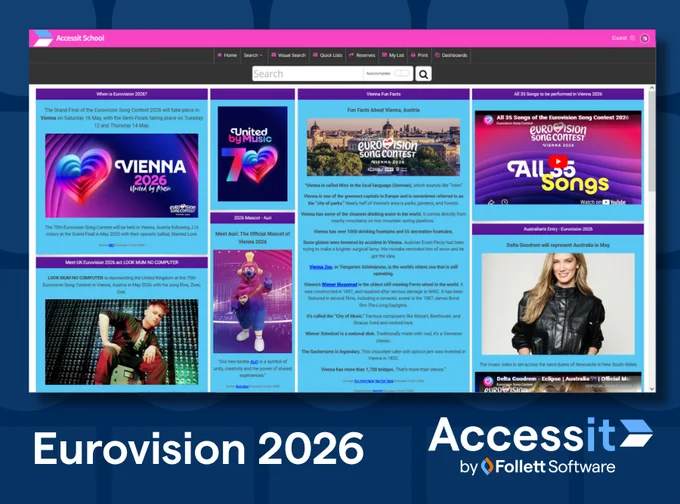 Website homepage showcasing Eurovision 2026 details with vibrant graphics and event information panels.