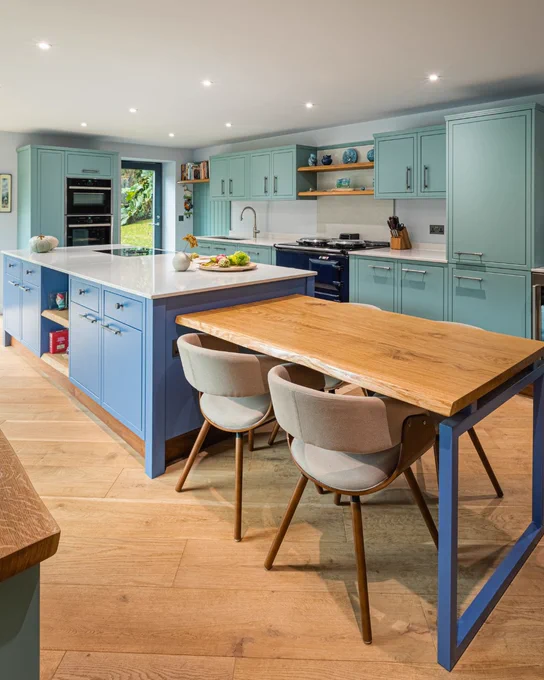 blue kitchen with two shades of blue