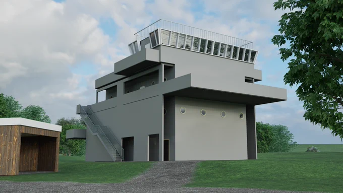 Computer-generated image of a structure replicating a portion of a merchant vessel on the ground.