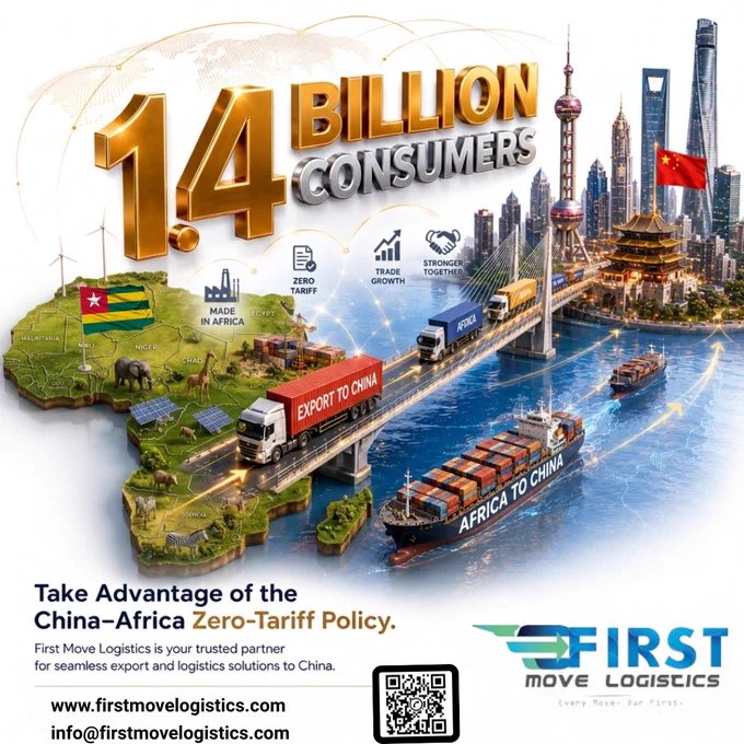 🌍🇨🇳 1.4 BILLION CONSUMERS — A Massive Opportunity for African Exporters

China’s Zero-Tariff Policy is opening the door for African businesses to access one of the world’s largest consumer markets.

With tariff-free access on eligible African goods, exporters now have greater opportunities to expand into China with improved competitiveness and reduced trade barriers.

✅ Zero Tariff Access
📈 Increased Trade Growth
🤝 Stronger Africa–China Partnerships
🚢 Easier Export & Logistics Opportunities

From agriculture and manufactured goods to industrial products and raw materials, African exporters can now position themselves for long-term international growth.

At First Move Logistics, we provide reliable freight forwarding, customs clearance, cargo handling, and end-to-end logistics solutions to help businesses move confidently into global markets.

🌐 Connect with us
🌍 www.firstmovelogistics.com

📧 info@firstmovelogistics.com


