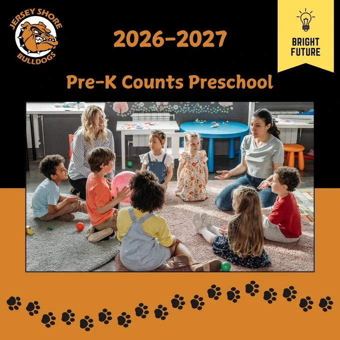 Decorative graphic that includes the JSASD logo, a photo of a preschool class and text that says, "Bright Future. 2026-2027, Pre-K Counts Preschool".