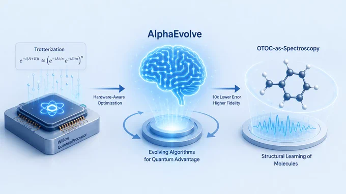 AlphaEvolve News
AlphaEvolve, a Gemini-driven coding agent developed by Google DeepMind, redefines quantum algorithm development and implementation. The Willow quantum processor has had a significant impact on quantum physics, particularly in optimizing Trotter formulas for Out-of-Time-Order Correlator (OTOC) simulations. AlphaEvolve’s “hardware-aware” algorithms have produced quantum circuits with 10x lower error than conventionally optimized baselines, a major milestone in Noisy Intermediate-Scale Quantum (NISQ) device use.
The Challenge of Trotterization and Hardware Noise
AlphaEvolve’s achievement must be considered in quantum simulation obstacles. Trotterization is a mathematical technique used by most programs to simulate the time development of complex quantum systems. This procedure entails dissecting a system’s Hamiltonian, which is a mathematical representation of its overall energy and evolution, into smaller, sequential parts that can be used as quantum gates.