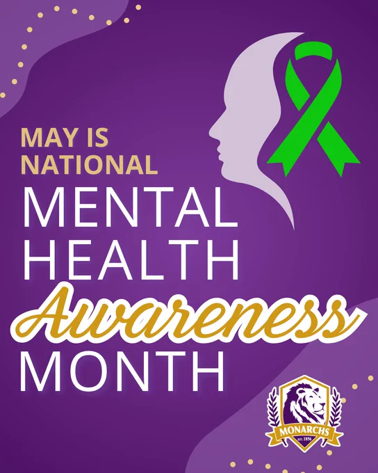 Purple background with a profile silhouette and green ribbon highlighting May as National Mental Health Awareness Month.