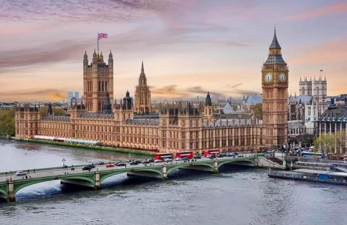 The Houses of Parliament and Westminster Bridge, in London.