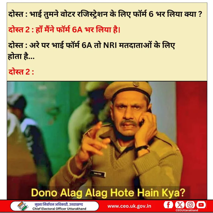 आप यह गलती ना करें… Form 6 और Form 6A अलग-अलग उद्देश्यों के लिए होते हैं, इसलिए वोटर आईडी आवेदन करते समय पहले उसे पढ़कर सही फॉर्म का चयन करें।

#Form6
#Form6A
#VoterRegistration
#NRIVoter
#ECI
#Meme